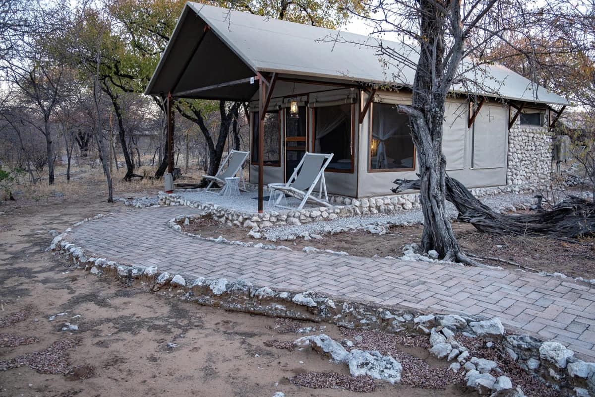 Tente safari de confort avec terrasse au Mushara Bush Camp près d'Etosha en Namibie.