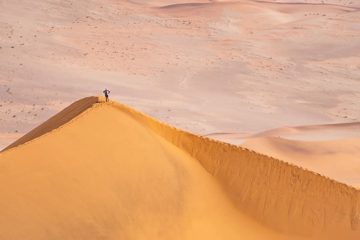 Personne seule marchant sur une dune en Namibie