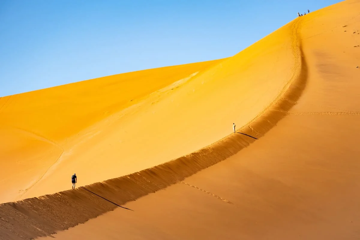 Marche d'approche sur les dunes de Sossusvlei : panorama sur le désert du Namib lors d'un voyage d'aventure.