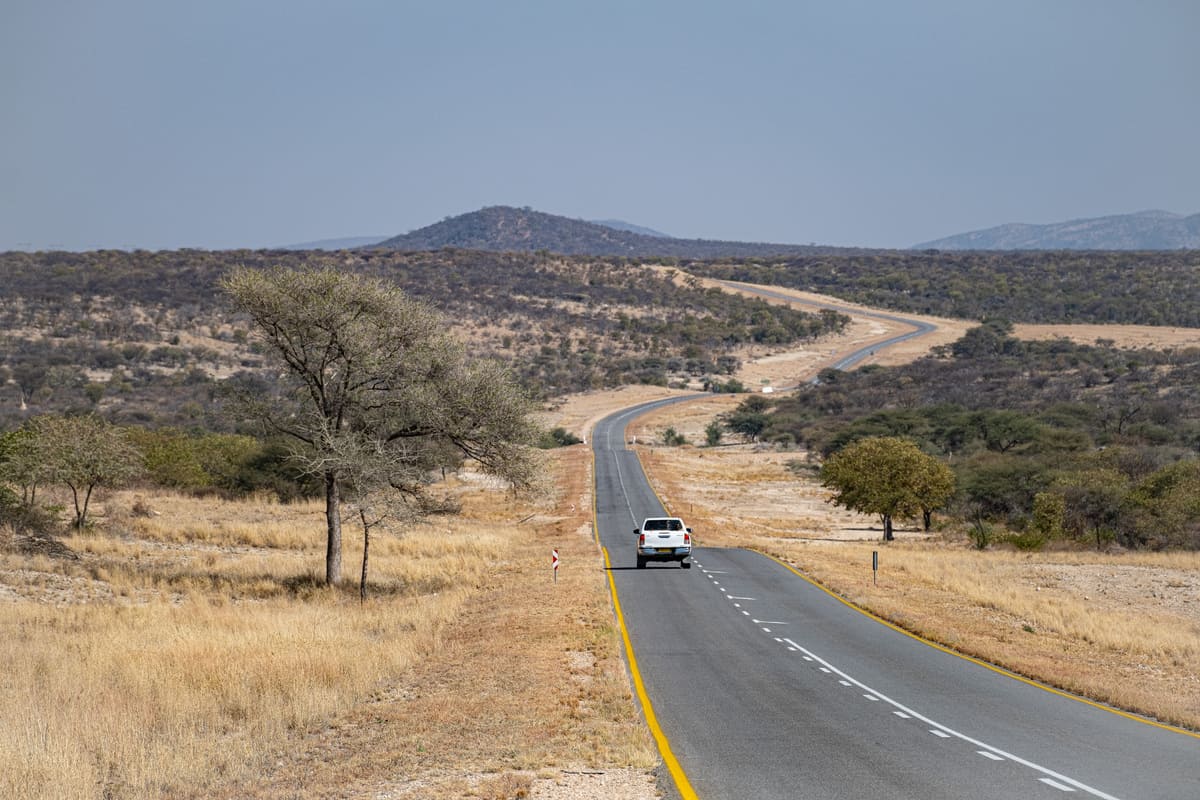 Paysage de road trip en Namibie avec une route goudronnée serpentant à travers la savane et les collines.