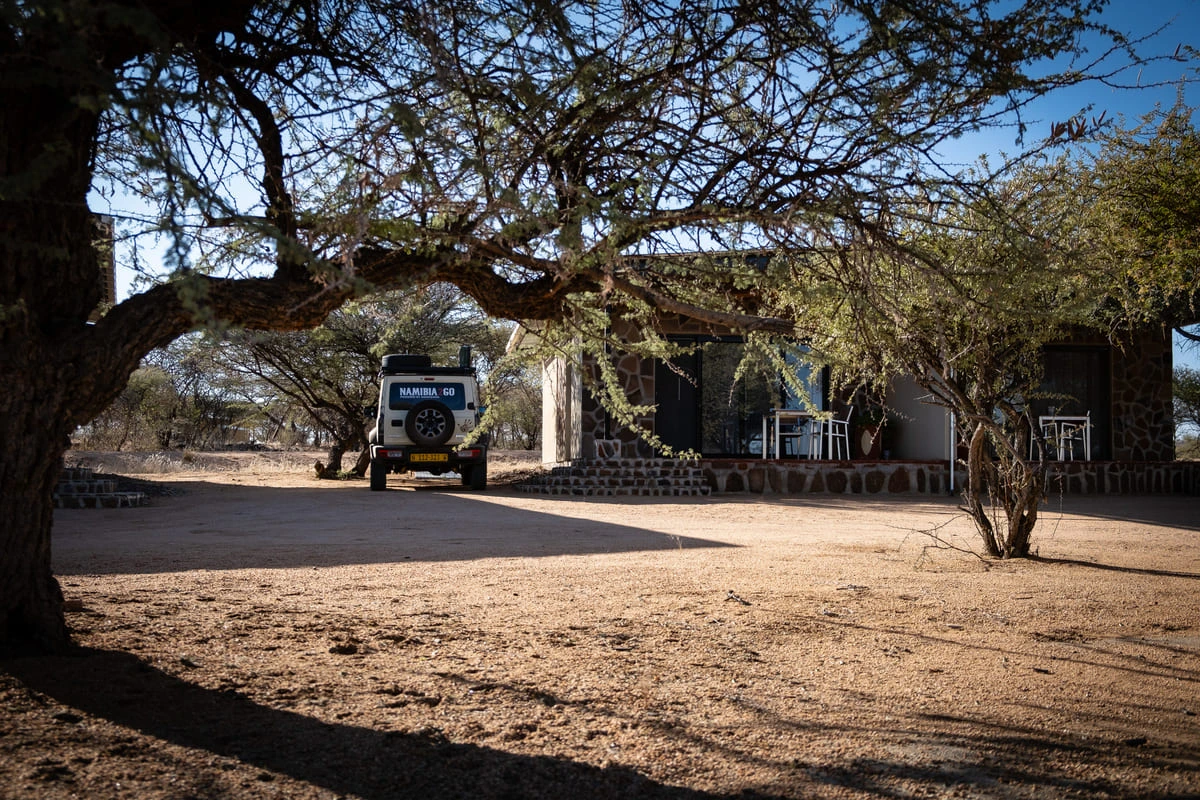 Vue sur hébergement au milieu d'arbre ovita wildlife restcamp