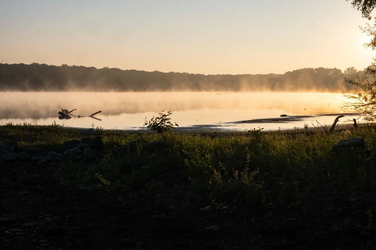 Brume matinale sur le lac de Virelles au lever du soleil, observée depuis les sentiers de l'Aquascope