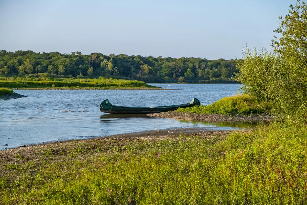 Un canoe sur une berge sauvage de l'Aquascope du lac de Virelles